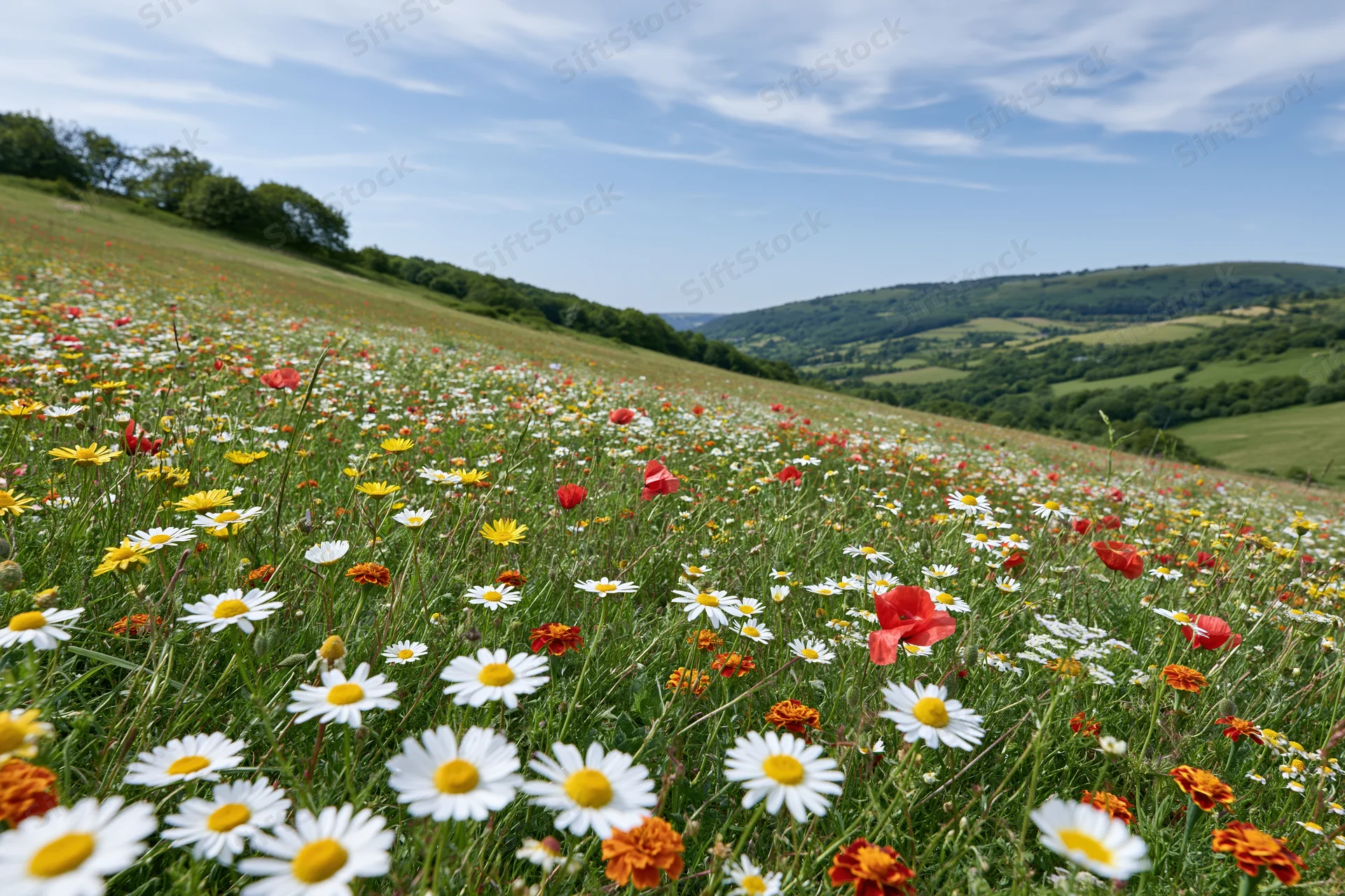 Wildflowers blooming across a gently sloping hillside in a rural meadow under a blue sky
