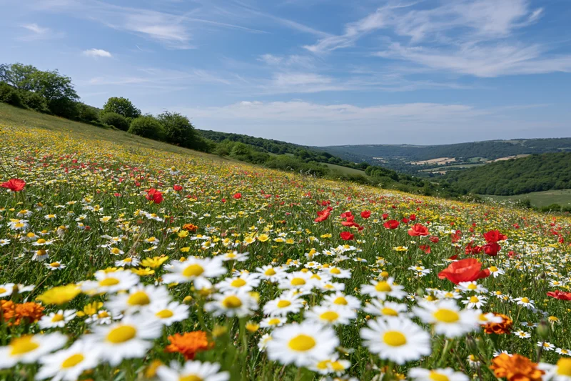Wildflowers blooming across a gently sloping hillside under a blue sky