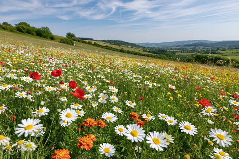 Wildflower meadow blooming across a gently sloping hillside under a blue sky with scattered clouds