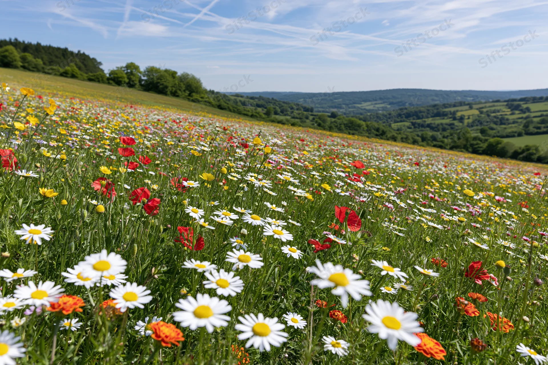 Wildflower meadow blooming on a gently sloping hillside under a blue sky with scattered clouds