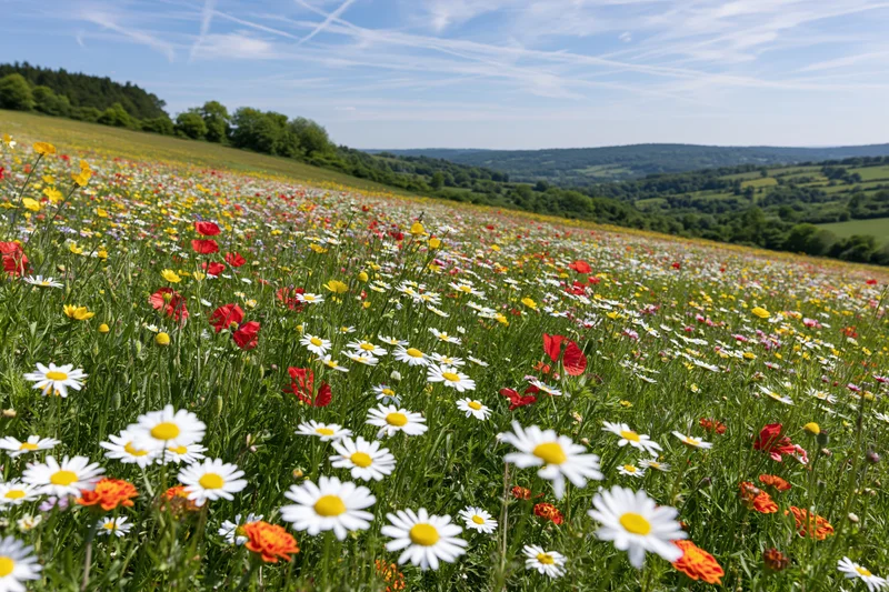 Wildflower meadow blooming on a gently sloping hillside under a blue sky with scattered clouds
