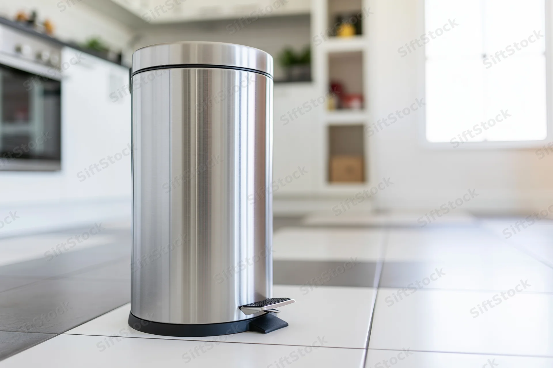 Stainless steel step trash can with foot pedal on tiled kitchen floor