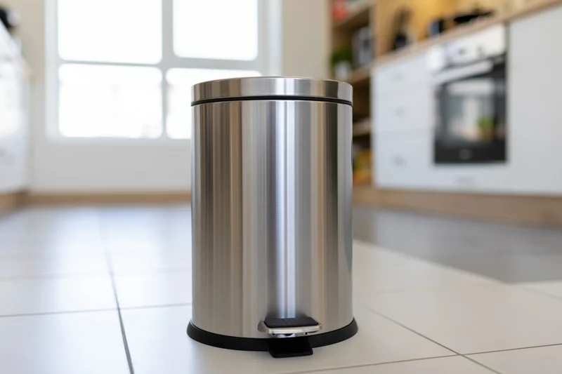 Stainless steel step trash can with foot pedal on tiled kitchen floor