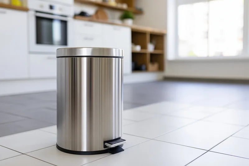 Stainless steel step trash can with foot pedal on tiled kitchen floor