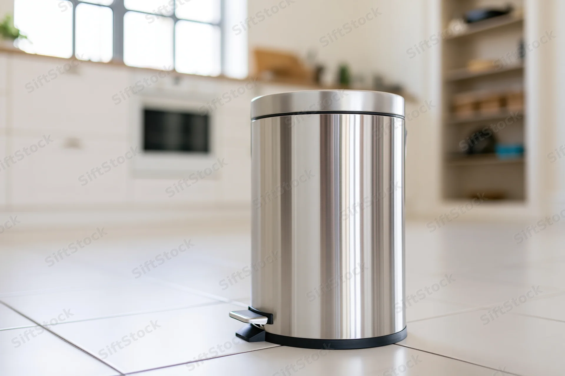 Stainless steel step trash can with foot pedal on white tiled kitchen floor