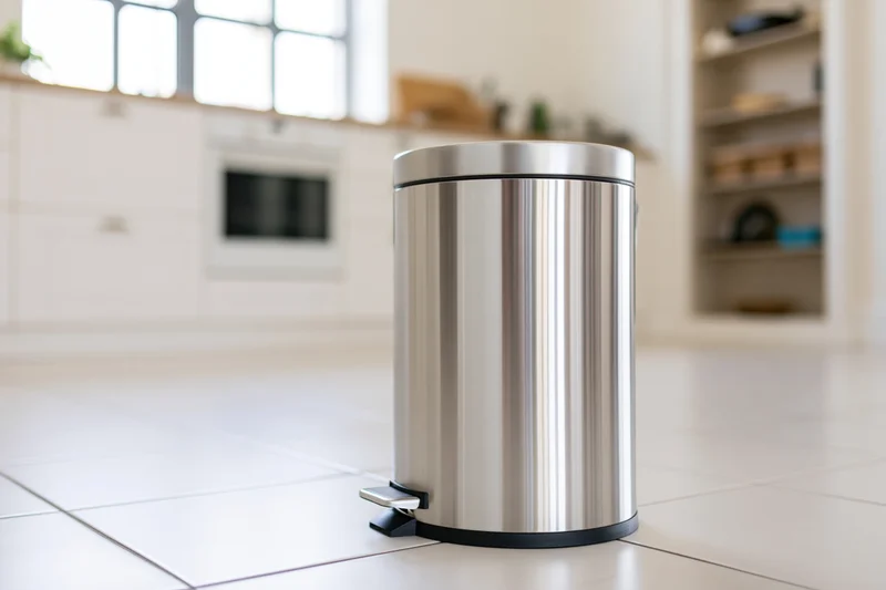 Stainless steel step trash can with foot pedal on white tiled kitchen floor