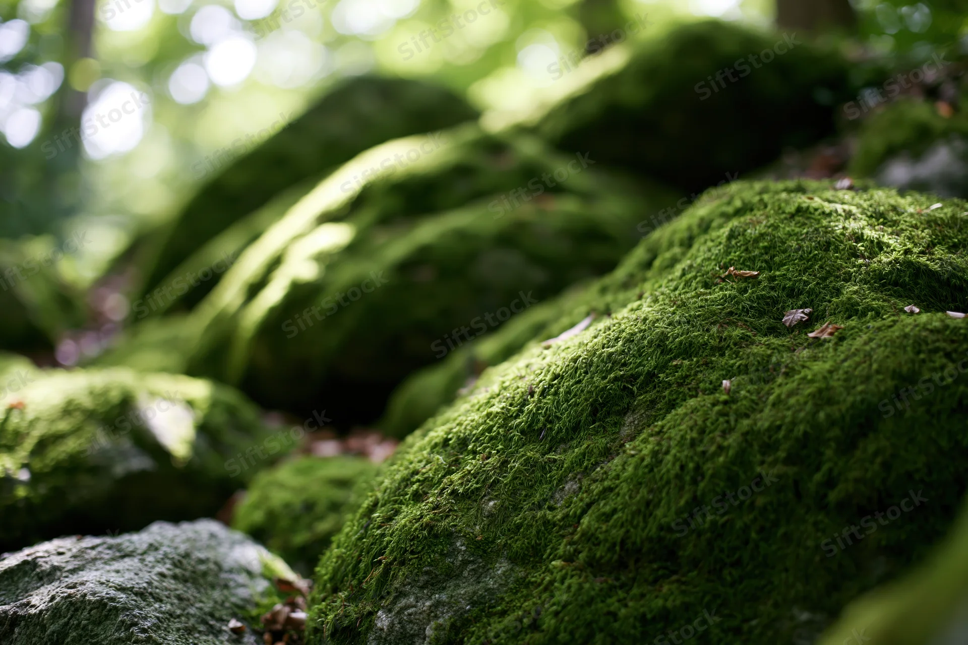 Thick green moss covering rounded rocks in a forest floor close-up
