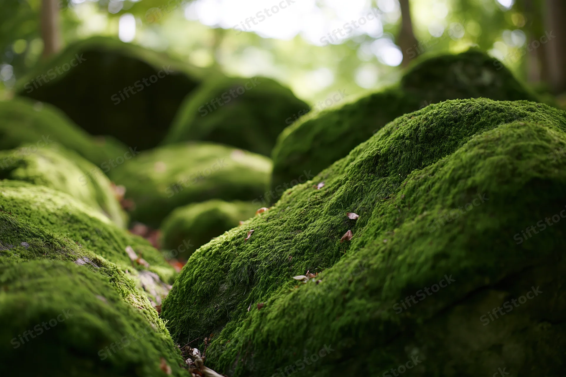 Thick green moss covering rounded rocks in a forest floor close-up