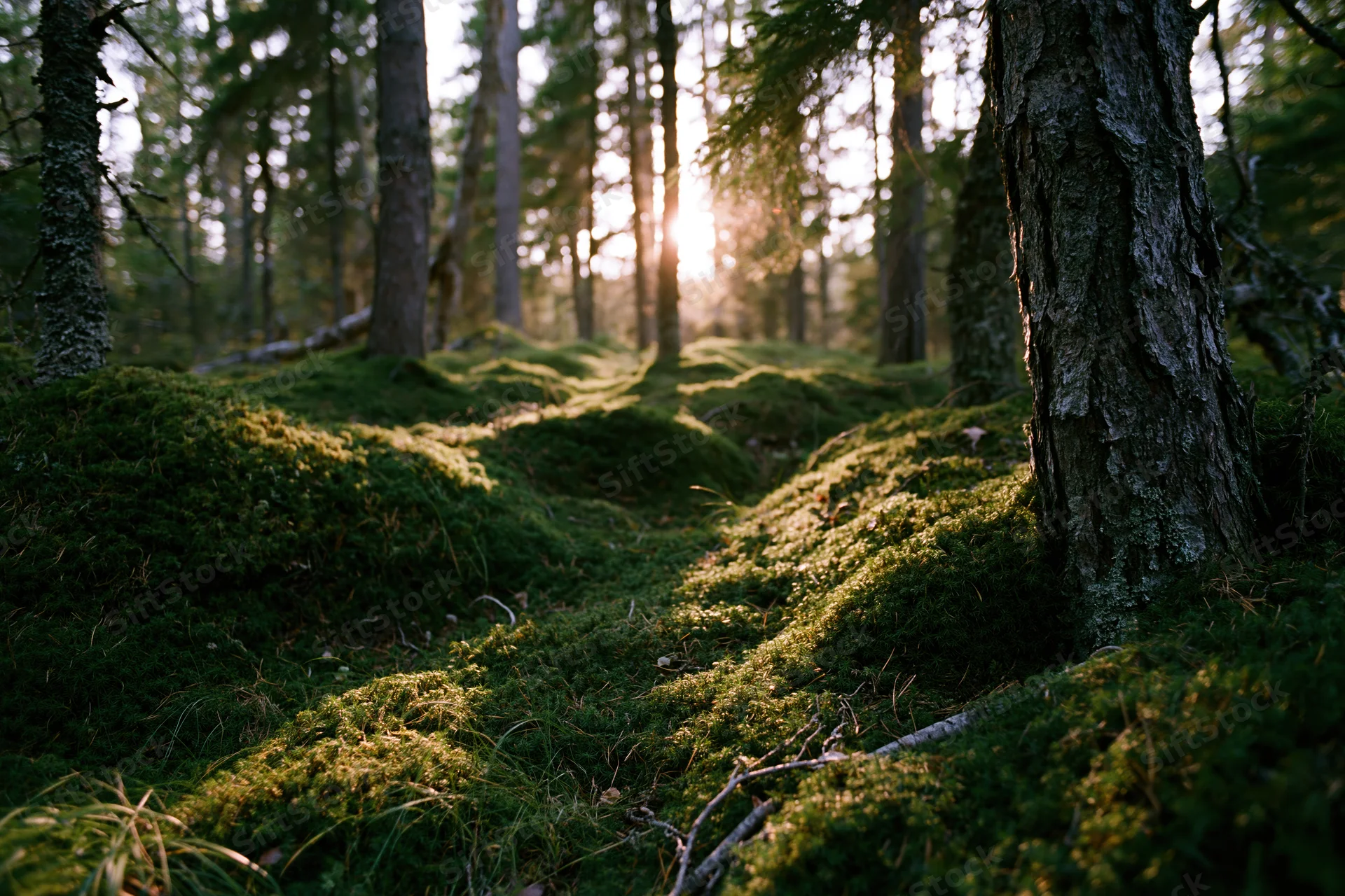Thick moss-covered mounds blanketing the forest floor in a boreal woodland at golden hour