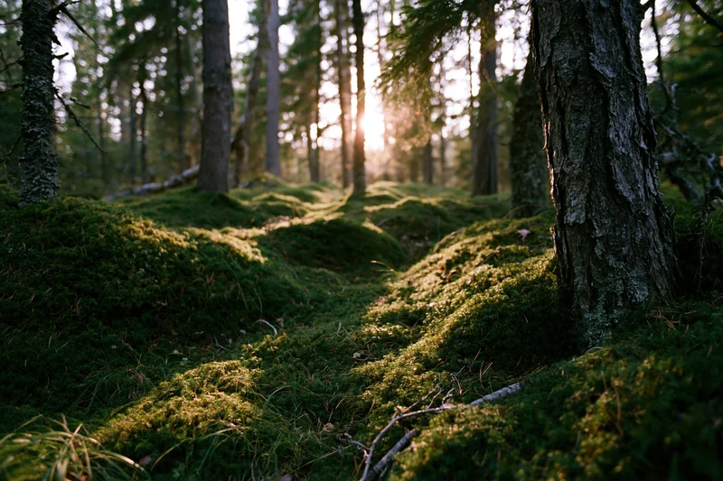 Thick moss-covered mounds blanketing the forest floor in a boreal woodland at golden hour