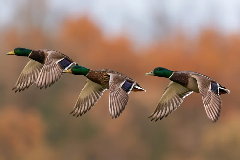 Three mallard ducks in flight against a blurred autumn background