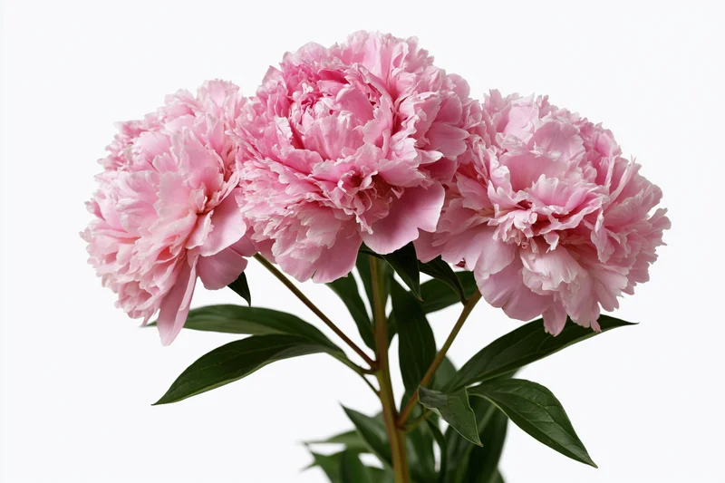 Three pink peony blooms arranged on a single branching stem with green leaves against a white background