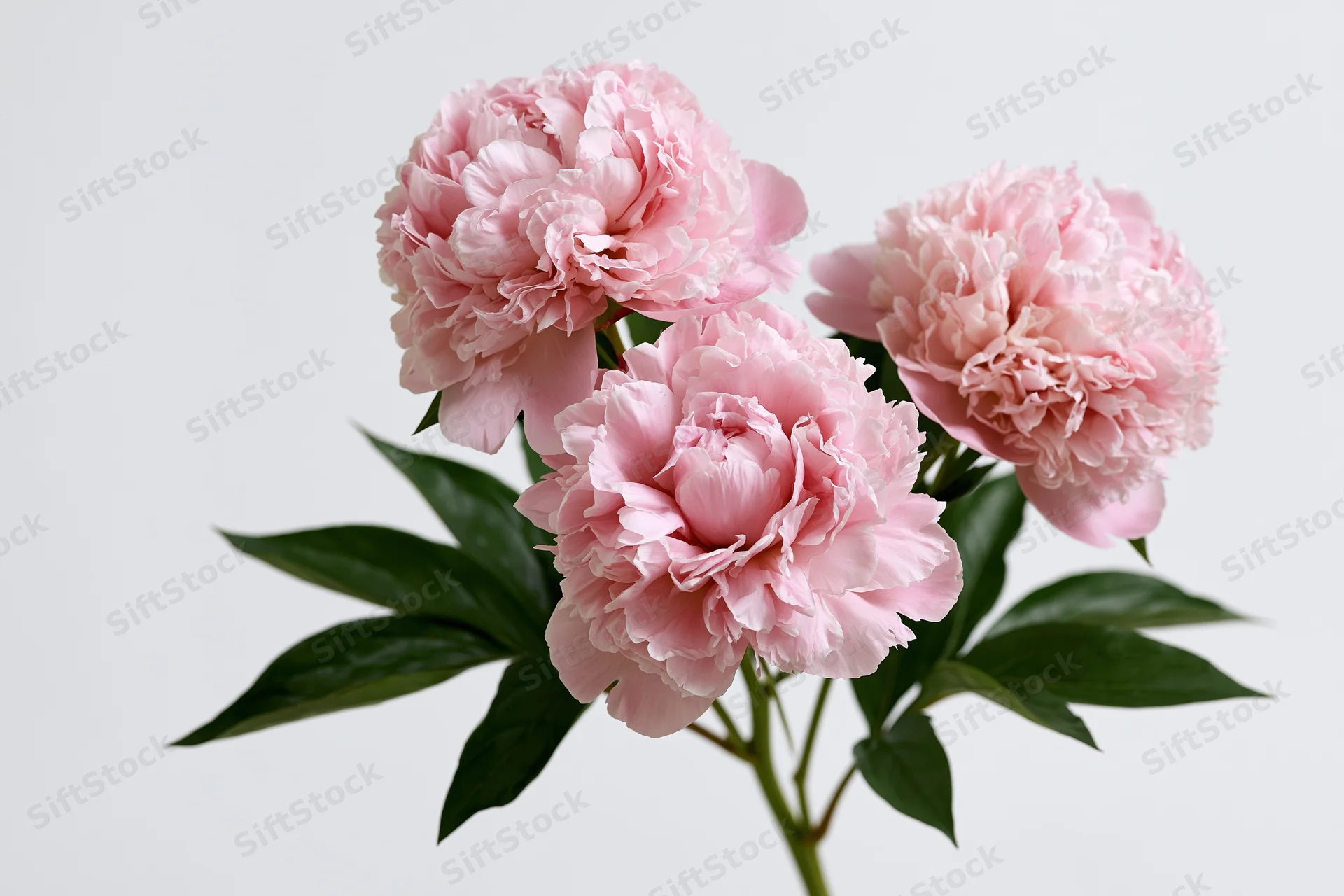 Three pink peony blooms arranged on a single branching stem with green leaves against a white background