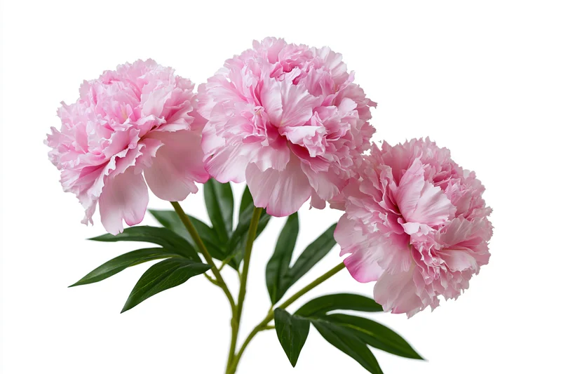 Three pink peony blooms arranged on a single branching stem with green leaves against white background