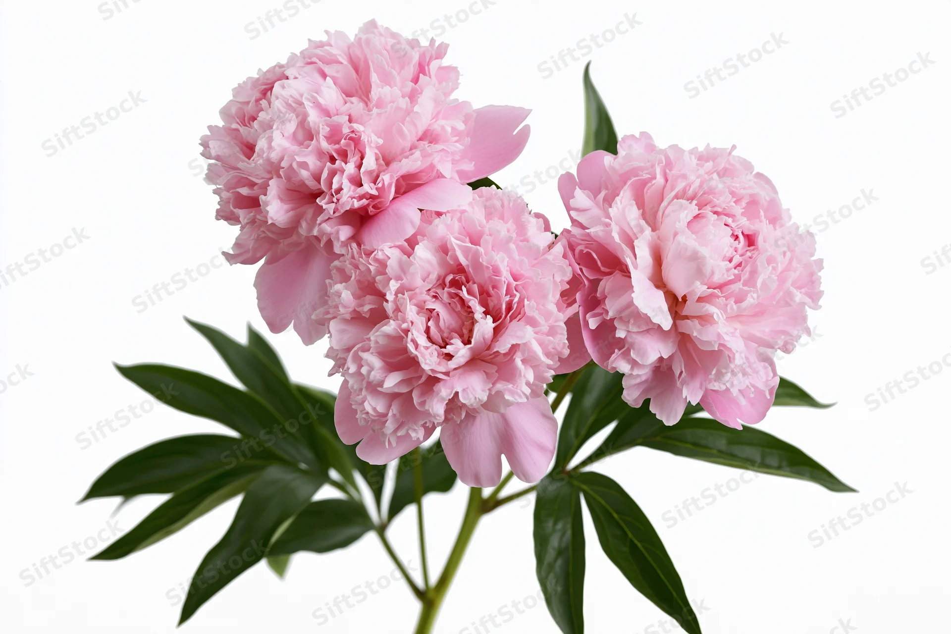 Three pink peony blooms arranged on a single branching stem with green leaves against white background