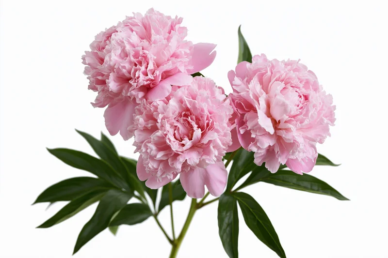 Three pink peony blooms arranged on a single branching stem with green leaves against white background