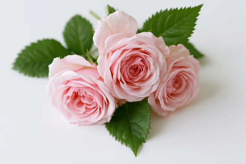 Three soft pink roses arranged with green serrated leaves on white background