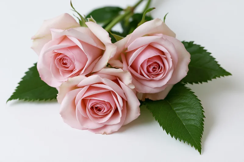 Three soft pink roses arranged together with green serrated leaves on white background