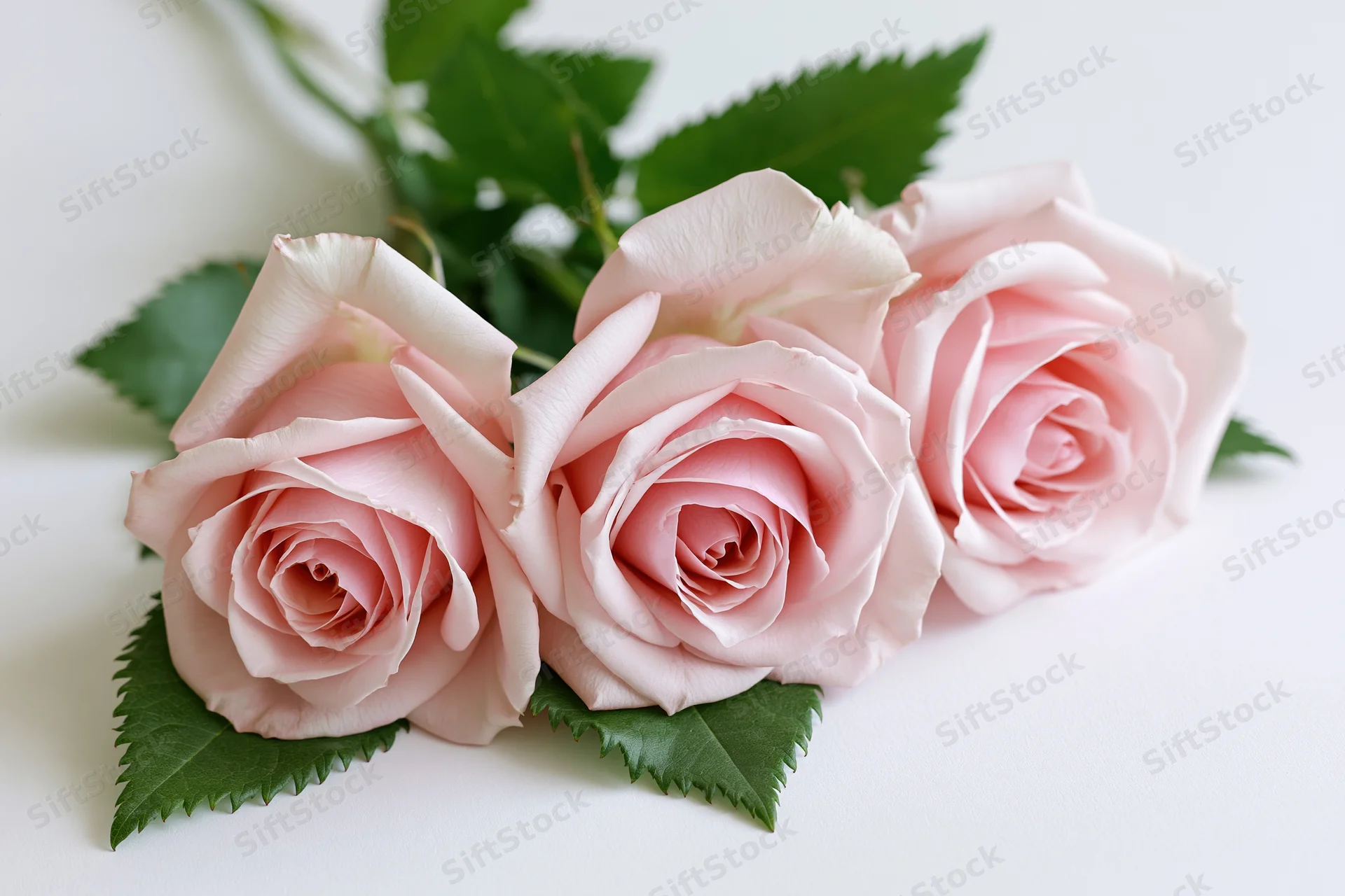 Three soft pink roses arranged together with green serrated leaves on white background
