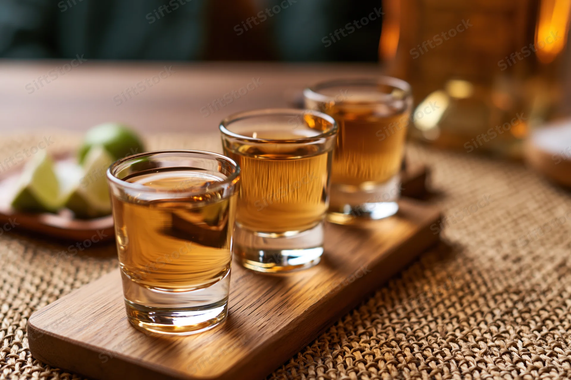 Three tequila shots filled with amber liquid arranged on a wooden tray with lime wedges on a woven placemat