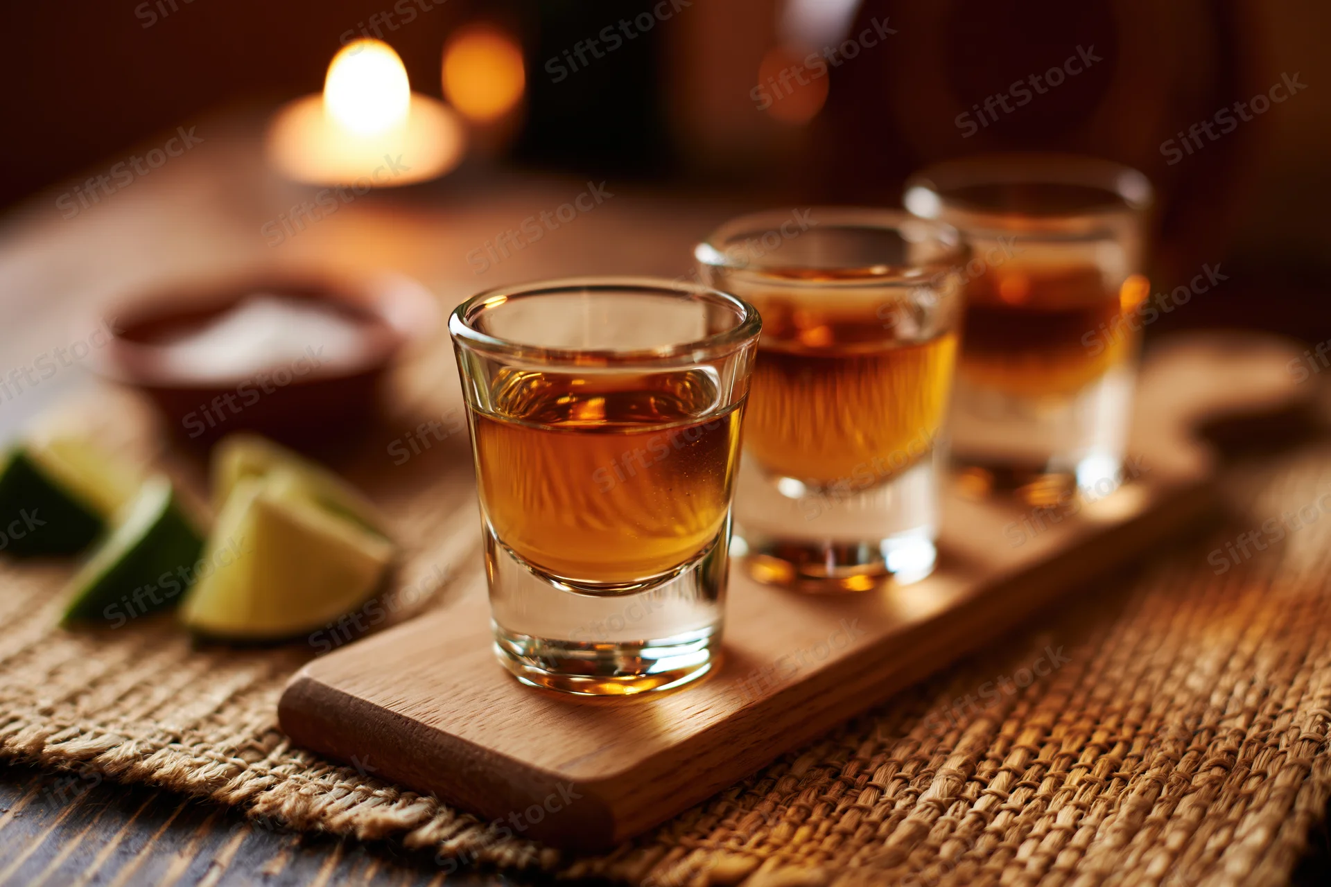 Three tequila shots arranged on a wooden tray with lime wedges and salt, set on a woven placemat under warm candlelight