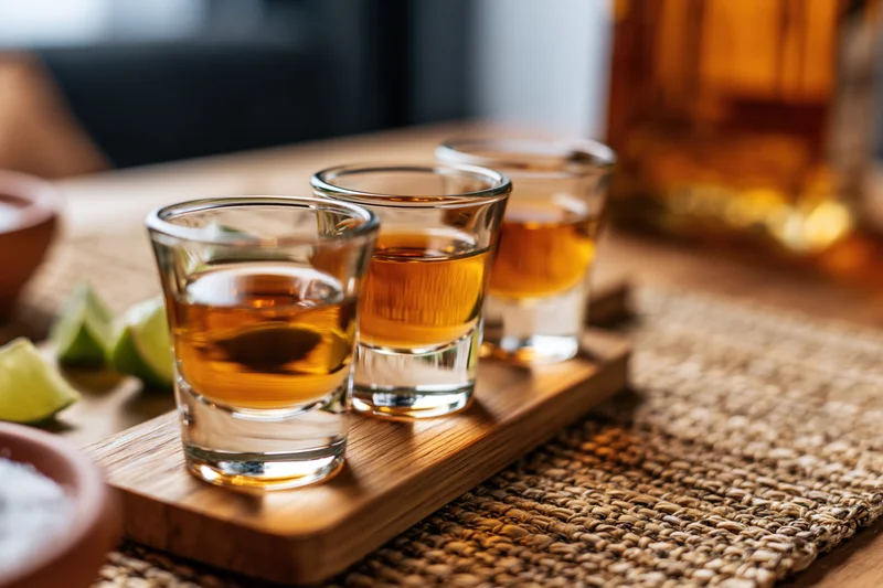 Three tequila shots arranged in a row on a wooden tray with lime wedges and salt nearby