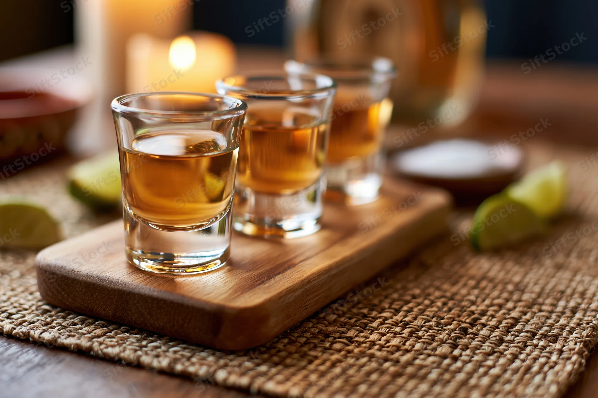 Three tequila shots arranged on a wooden tray with lime wedges and salt on a woven placemat under warm candlelight