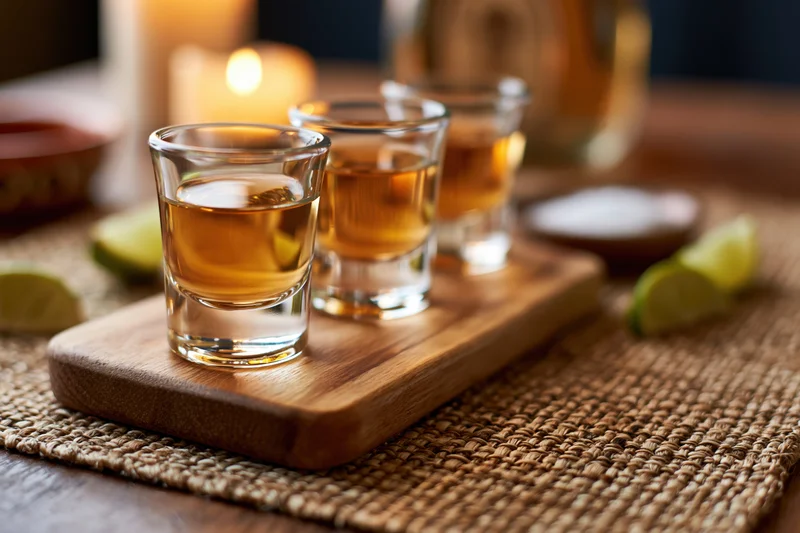 Three tequila shots arranged on a wooden tray with lime wedges and salt on a woven placemat under warm candlelight
