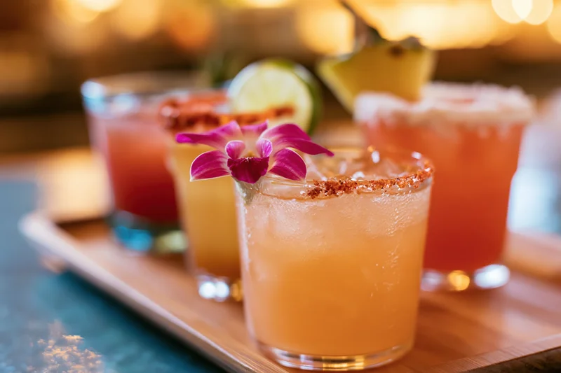Three tropical cocktails garnished with fruit and flower arranged on a wooden tray at a bar