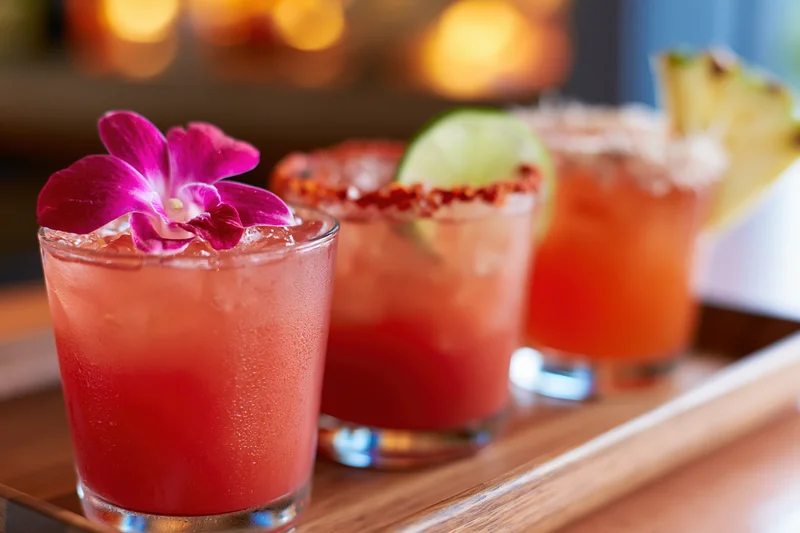 Three tropical cocktails garnished with flower, lime, and pineapple on a wooden tray at a bar