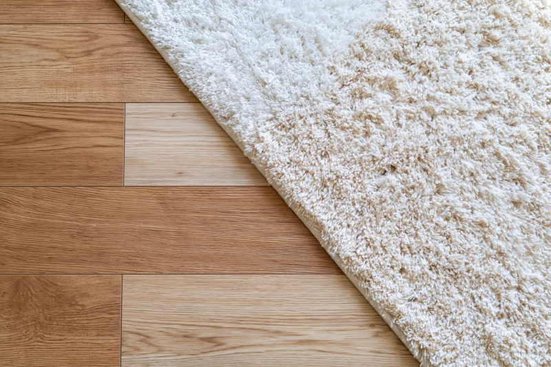 Warm oak laminate flooring meeting a beige shag rug in a corner of a room