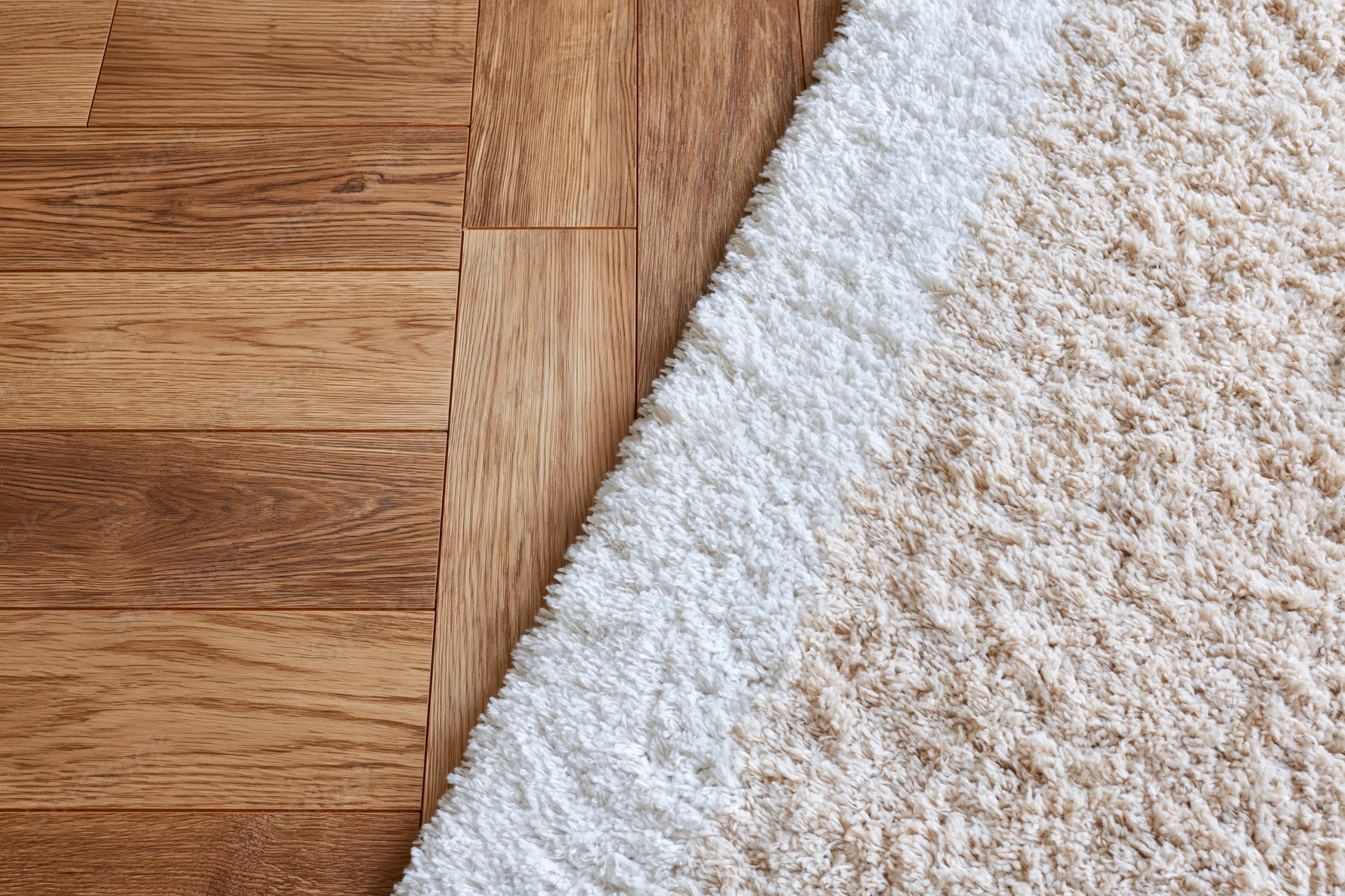 Warm oak laminate flooring next to a white plush rug in a home interior