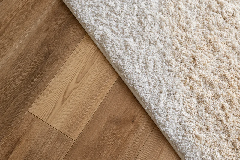 Warm oak laminate flooring meeting a beige shag rug in a home interior corner