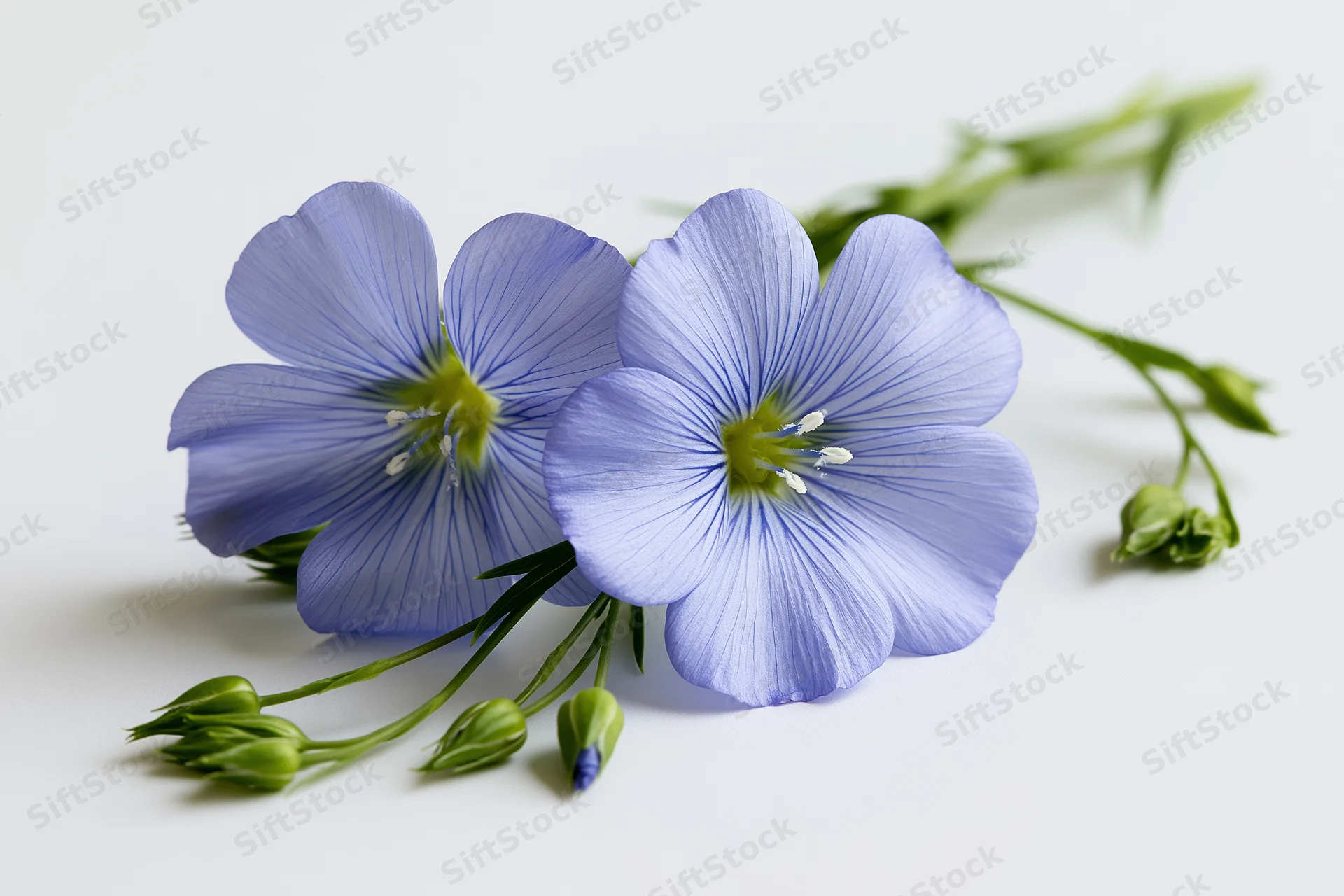 Two blue flax flowers with green buds resting together on a white surface