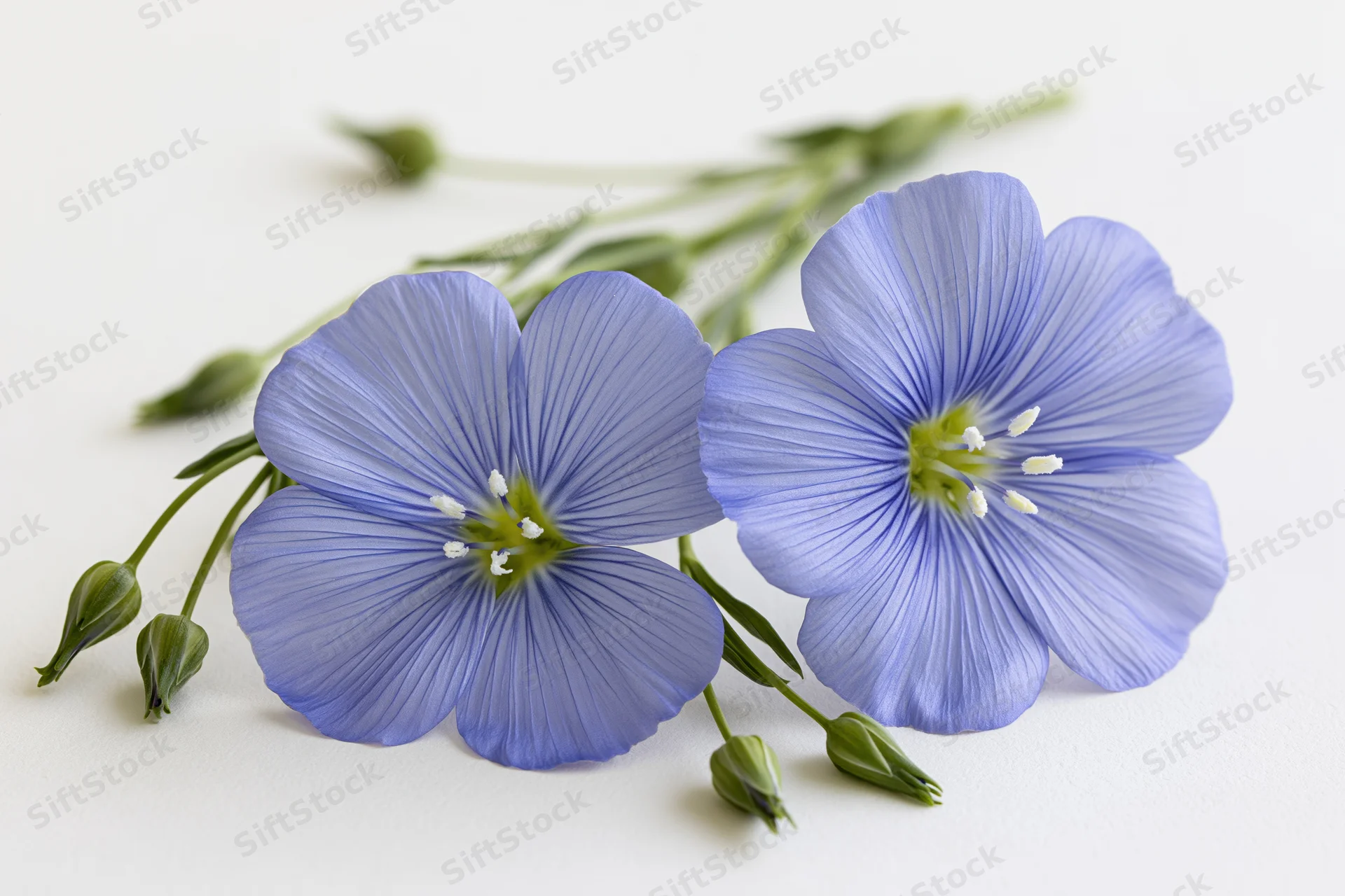 Two blue flax flowers with green buds resting together on a white surface