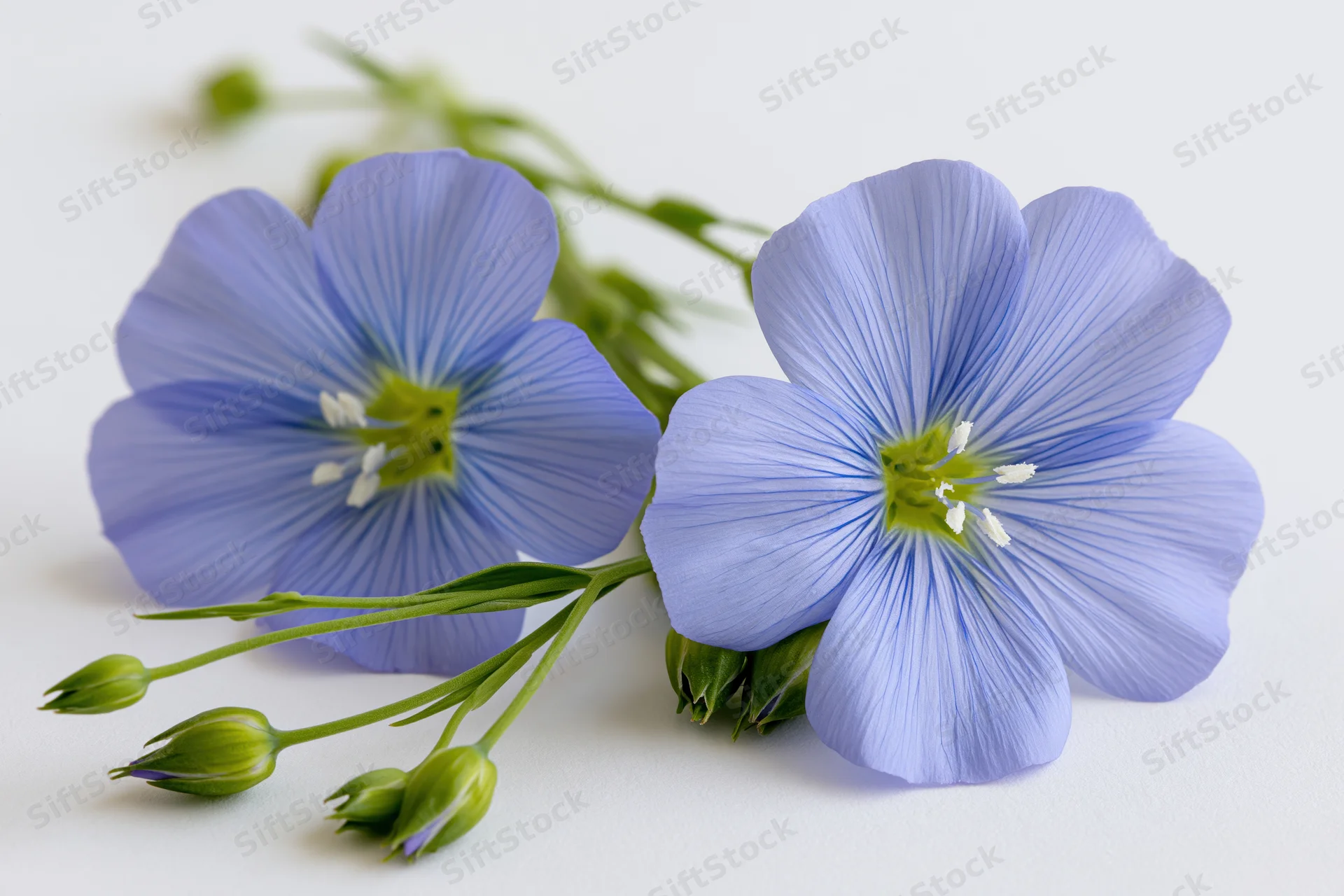 Two blue flax flowers with green buds resting together on a white surface