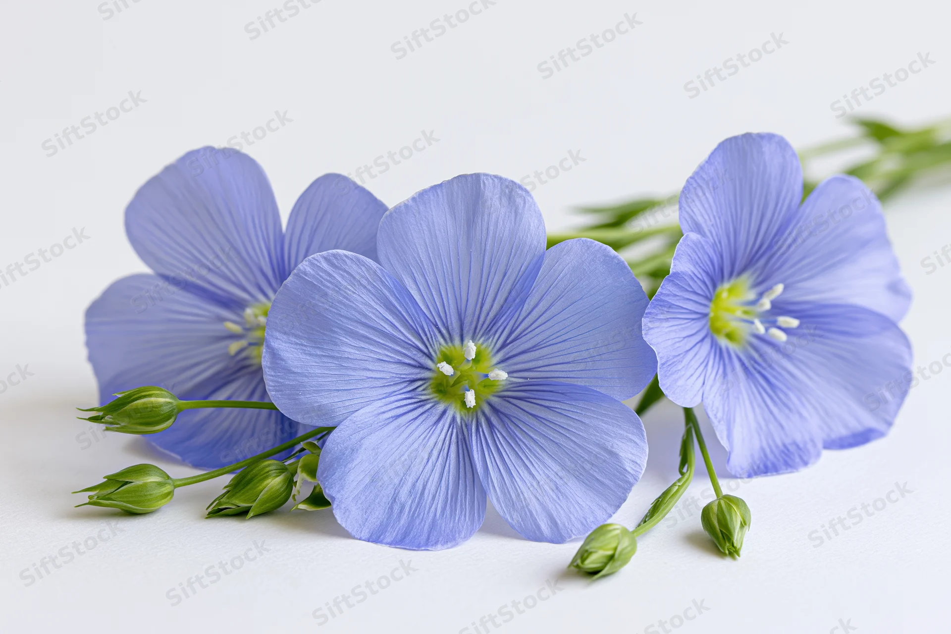 Blue flax flowers with green buds arranged on a white surface