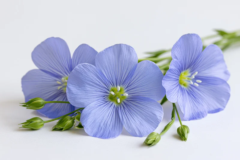 Blue flax flowers with green buds arranged on a white surface