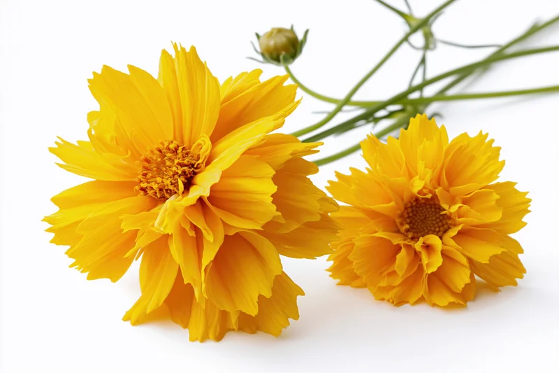Two bright yellow coreopsis flowers in full bloom with green stems on a white background