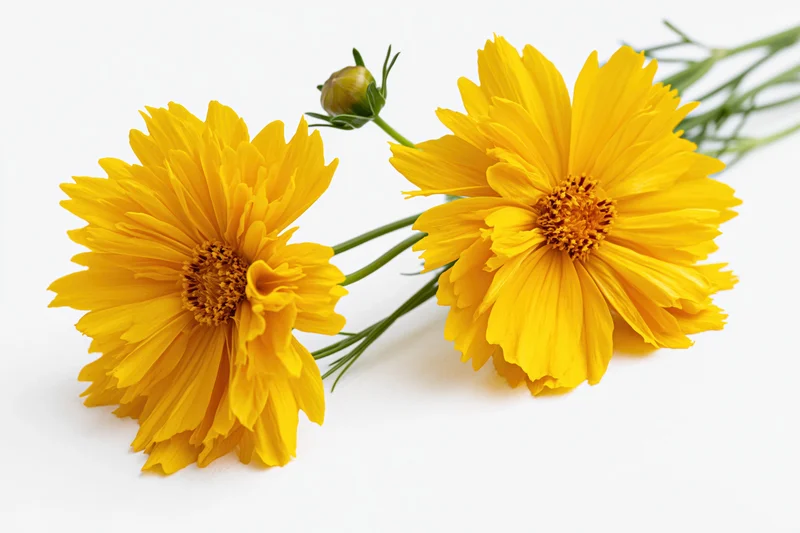 Two bright yellow coreopsis flowers in full bloom with a small unopened bud on green stems against a white background