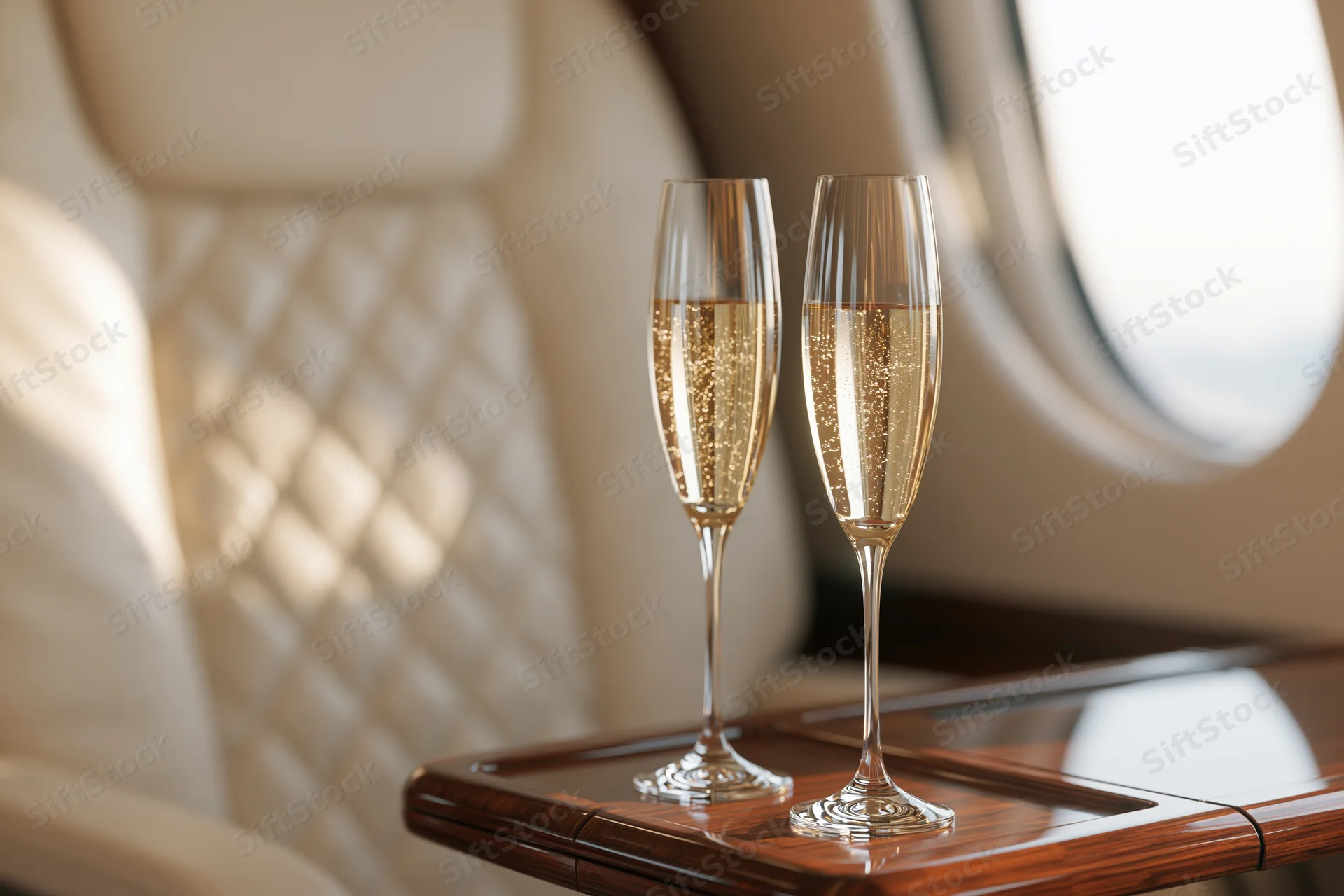 Two champagne flutes filled with sparkling wine on a wooden table inside a private jet cabin