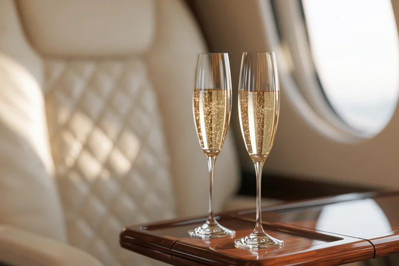 Two champagne flutes filled with sparkling wine on a wooden table inside a private jet cabin