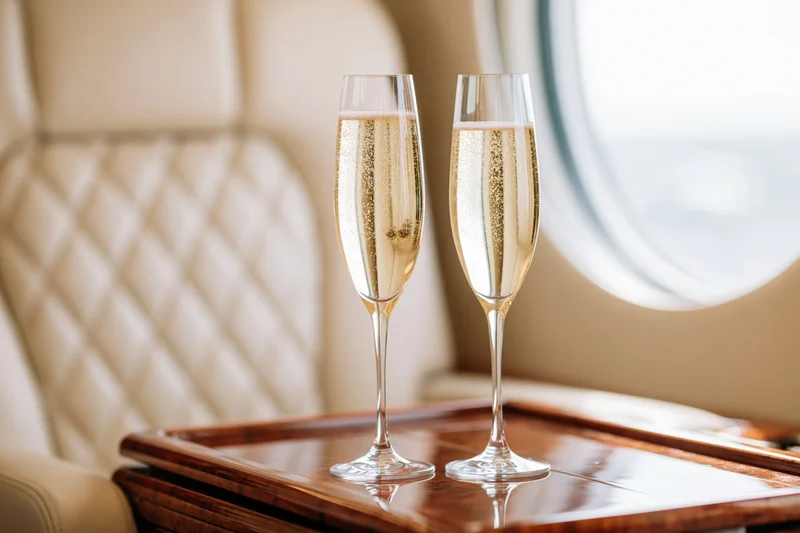 Two champagne flutes filled with sparkling wine on a wooden tray inside a private jet cabin