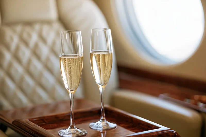 Two champagne flutes filled with sparkling wine on a wooden tray in a private jet cabin