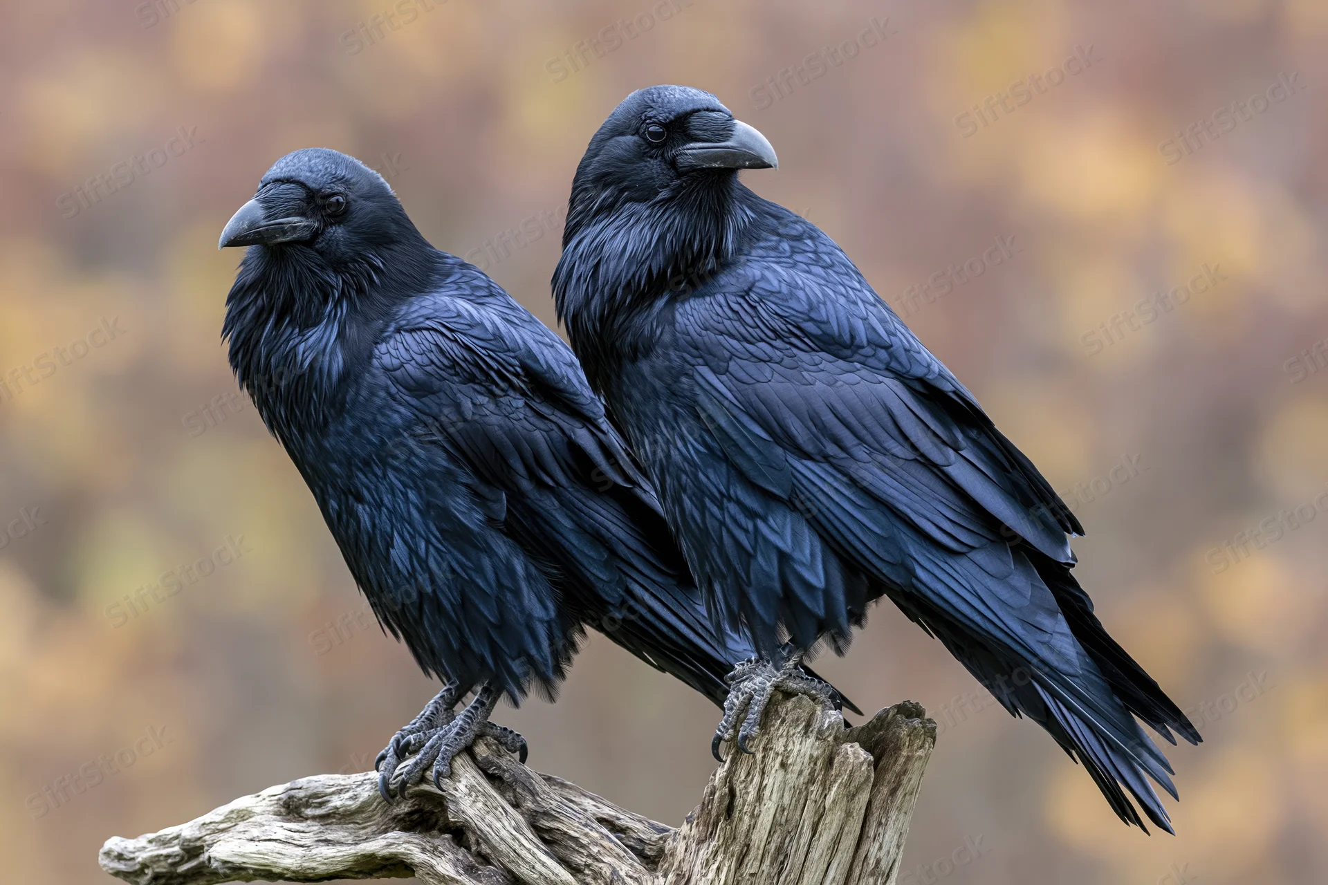 Two common ravens perched side by side on a weathered gnarled branch