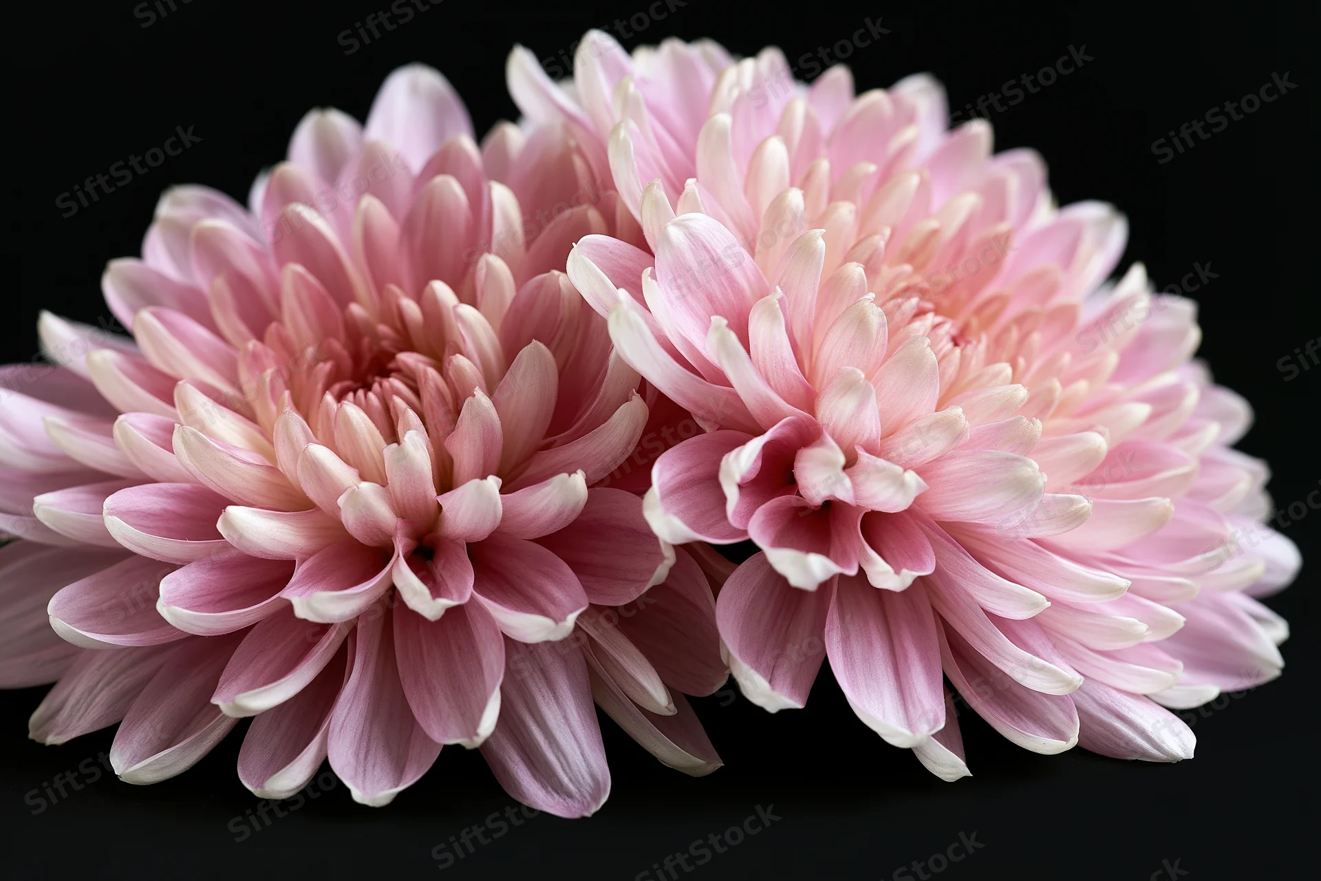 Two dusty pink chrysanthemum blooms with cream-tipped petals arranged closely on black background