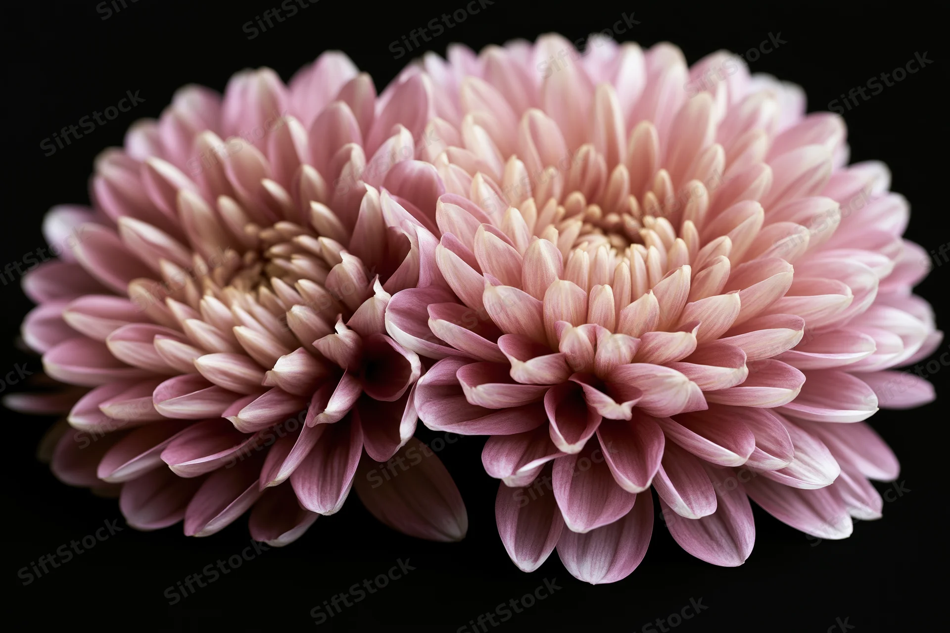 Two dusty pink chrysanthemum blooms with cream-tipped petals arranged closely against black background
