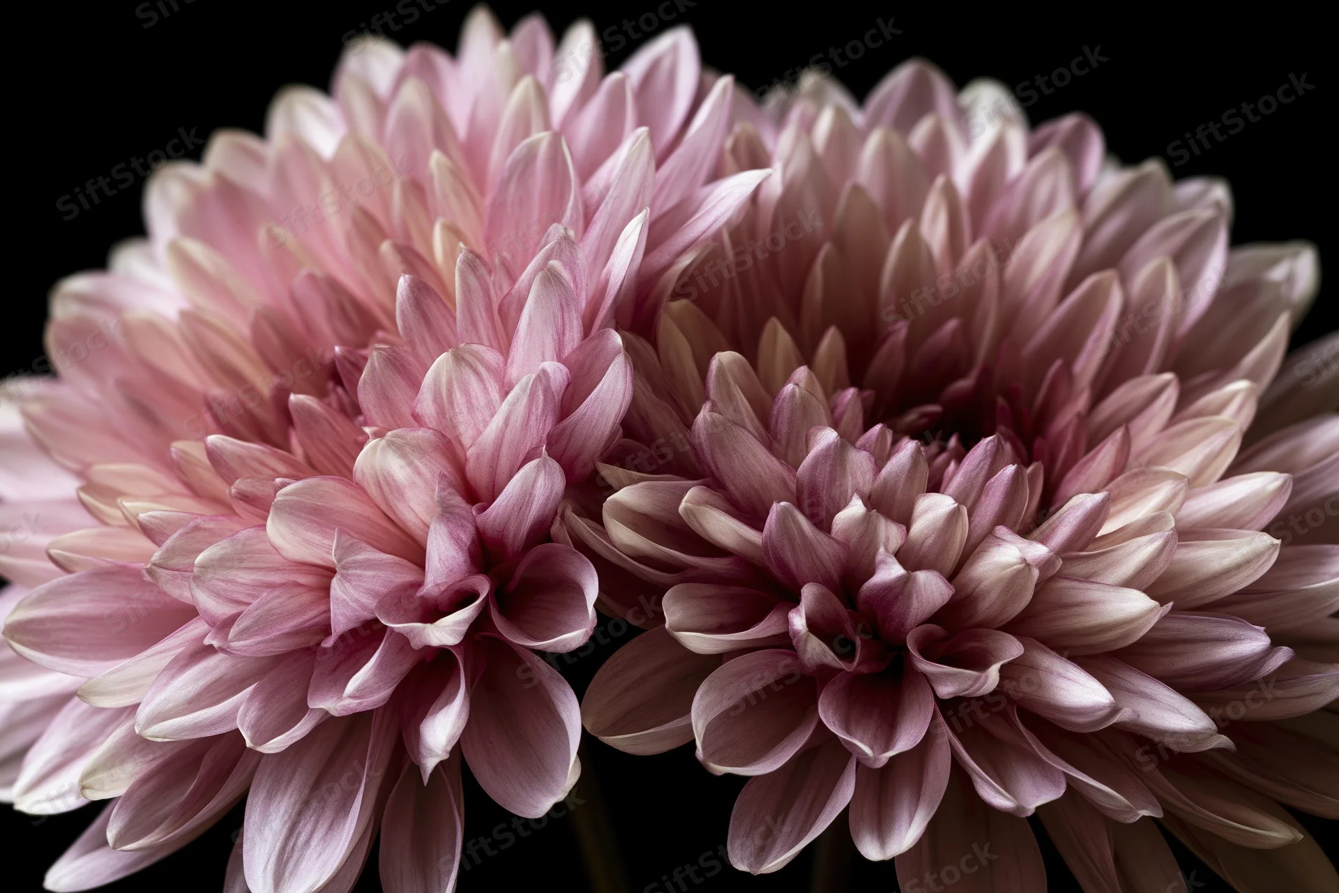 Two dusty pink chrysanthemum blooms with cream-tipped petals arranged closely against a black background