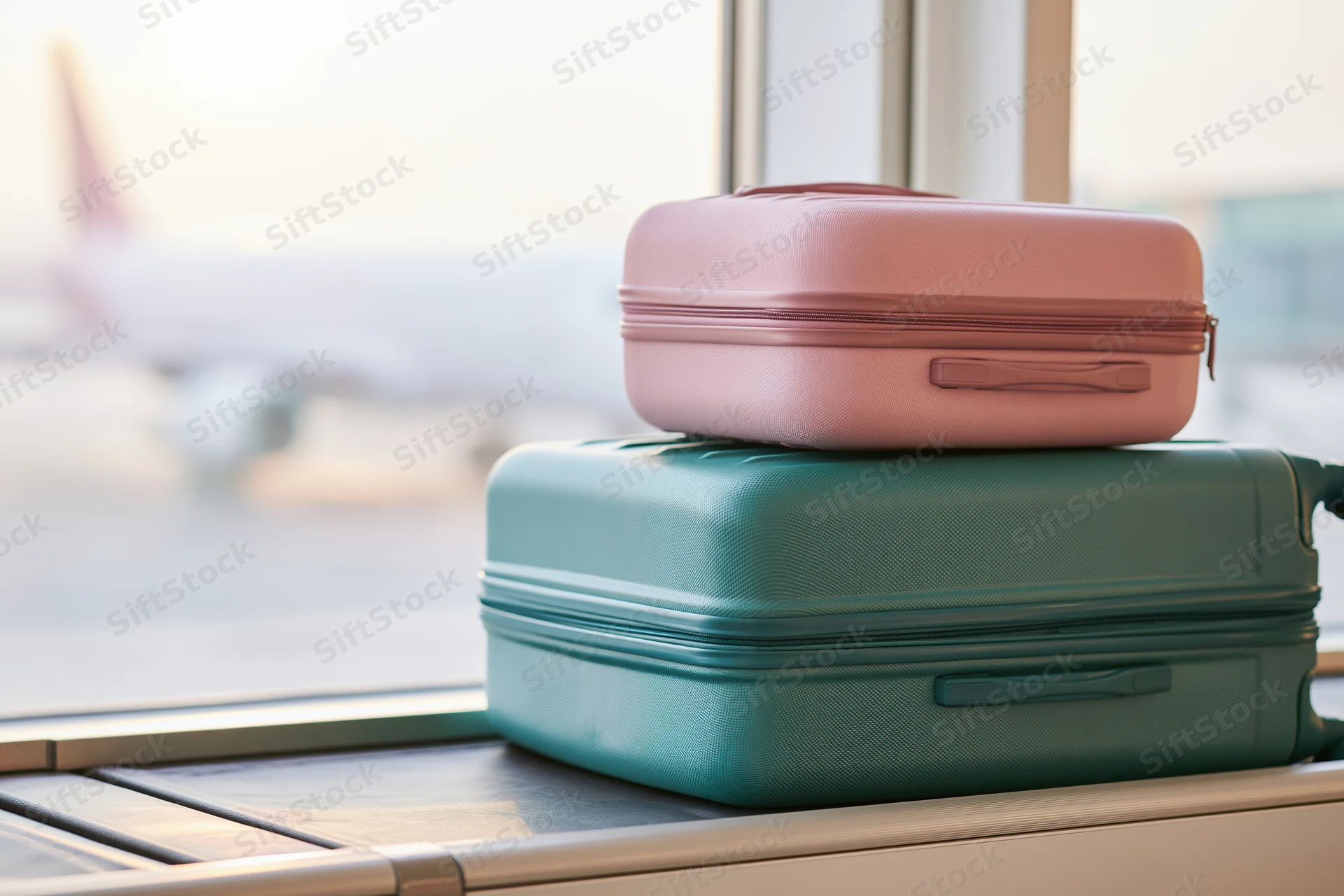 Two hard-shell suitcases stacked on an airport check-in counter with airplane visible through window