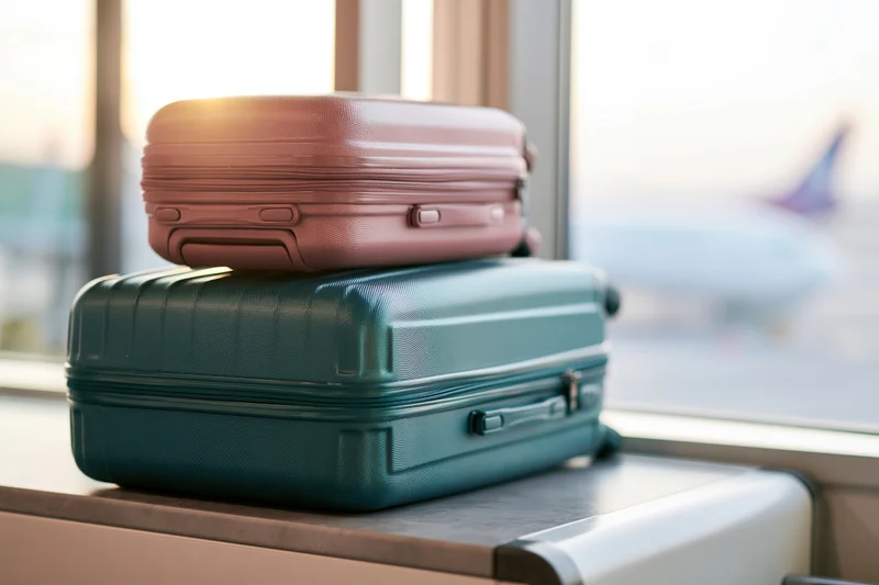 Two hard-shell suitcases stacked on an airport check-in counter near a window with an airplane visible outside